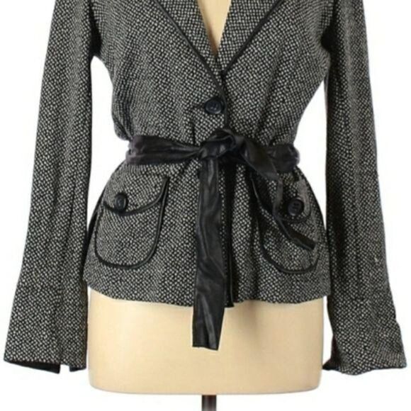 Gerard Darel Wool Faux Leather Trim Belted Button Single Breasted Blazer Sz 42 - Picture 6 of 12